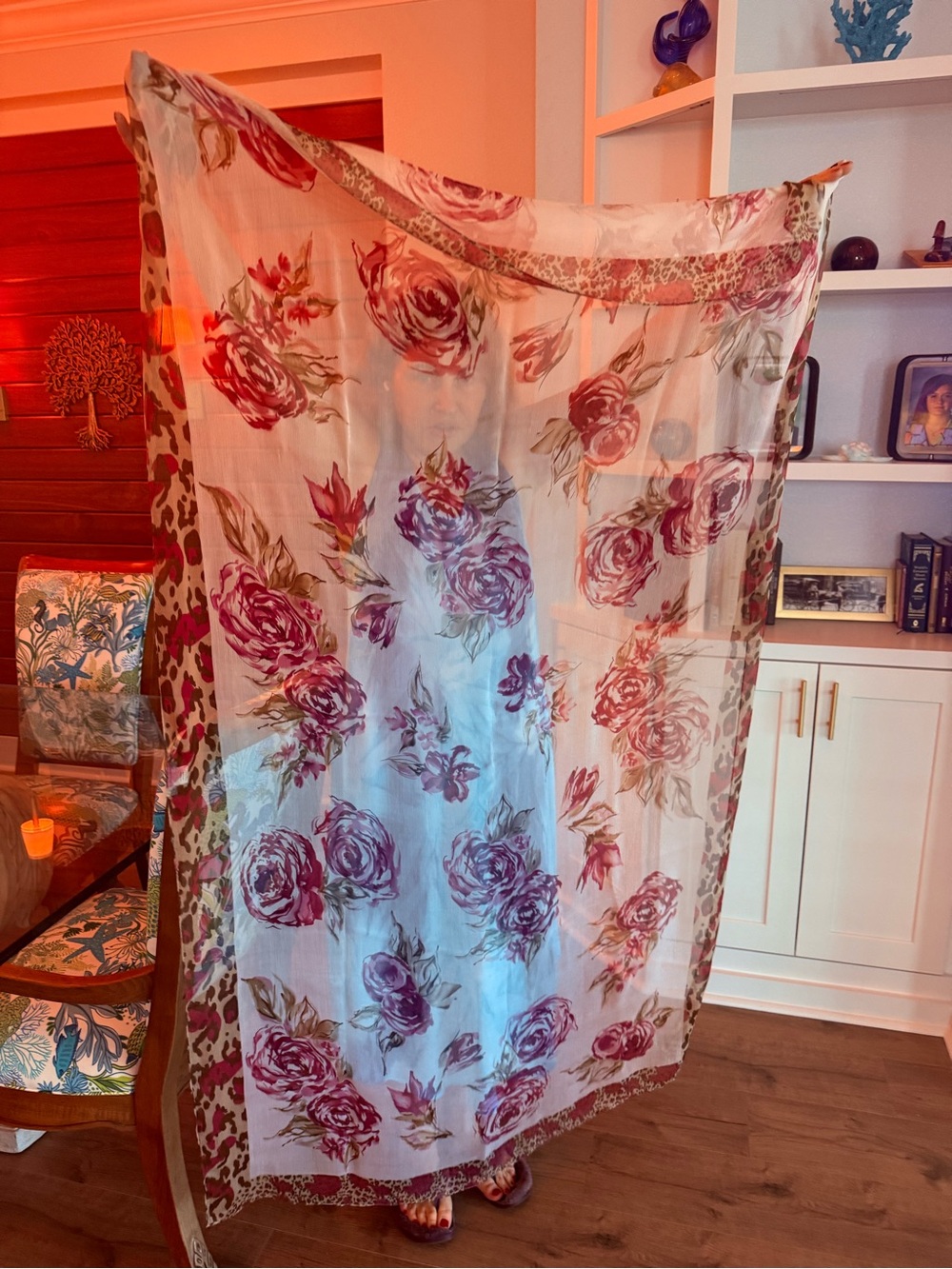 Nordstrom Silk Pink Floral and Tan Leopard Print Sheer Scarf